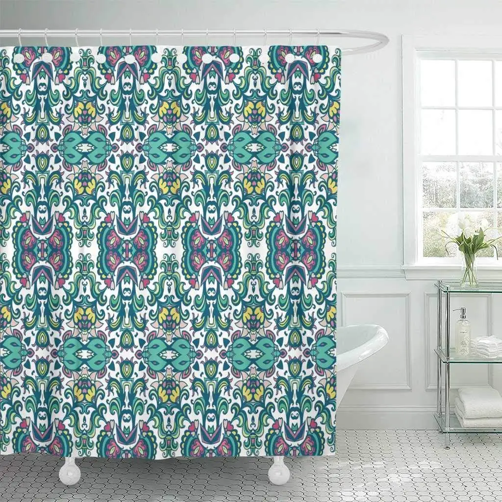 

Fabric Shower Curtain with Hooks Moroccan Pattern Morocco Abstract Andalusia Arabian Arabic Azulejos Carpet