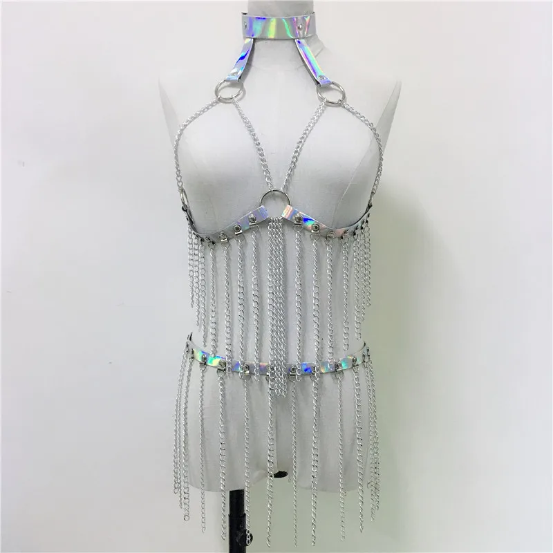 

Laser Holographic Leather Two Piece Set Women Sexy Long Tassels Crop Top Link Chain Mini Skirts Outfits Party Club Matching Sets