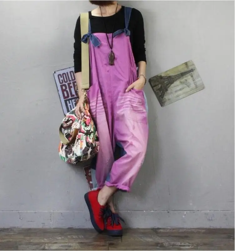 Da Le Dell'annata E Tute Allentata Della Stampa Molla Palestra Pantaloni Cinghia 2019 Di Giallo Del Elegantes colore Spaghetti Dei Denim Donne Viola Per dtqYxxn