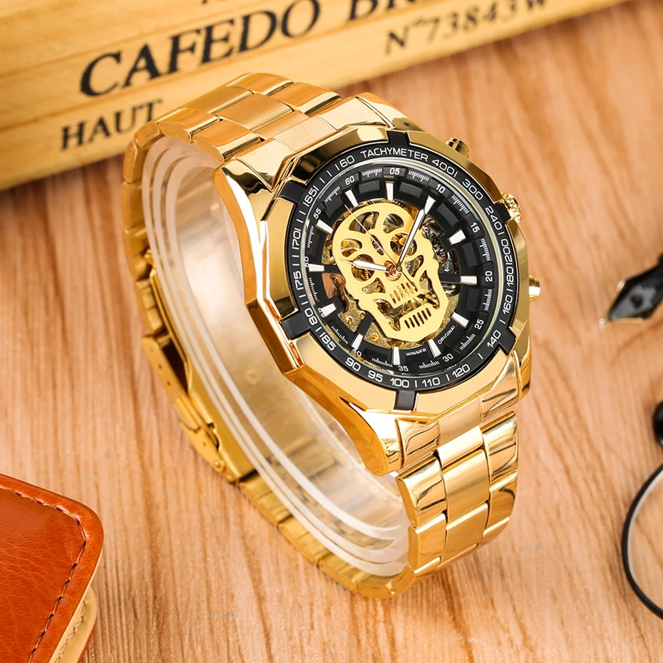 Победитель Автоматические оригинальные часы для мужчин Скелет Череп с циферблатом механический Военная Униформа наручные часы золотые