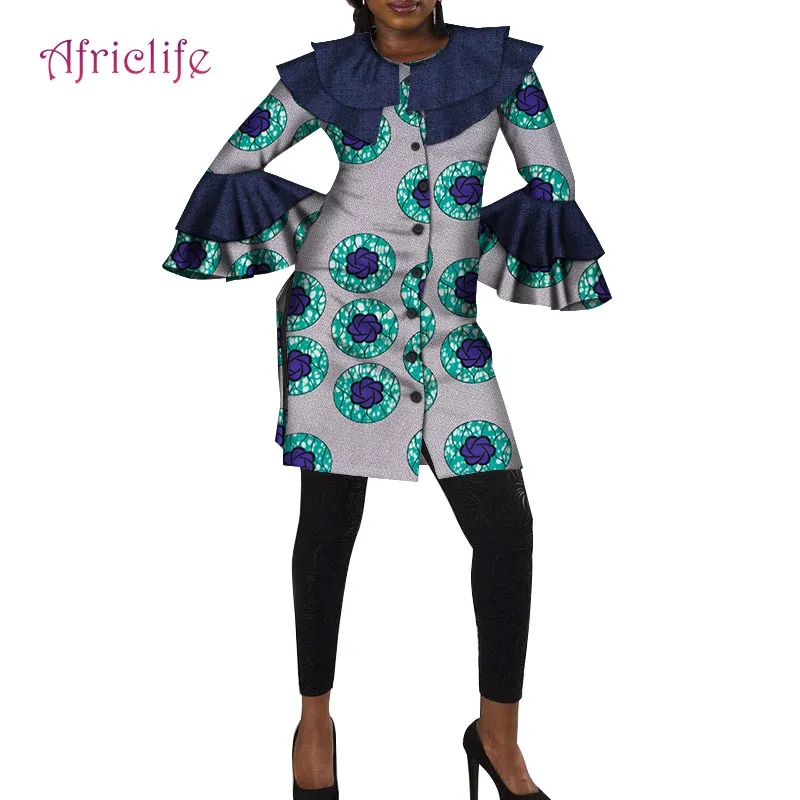 Африканская печать Кнопка платье для женщин Базен Riche лоскутное платье с расклешенными рукавами рубашка Дашики 100% хлопок африканская