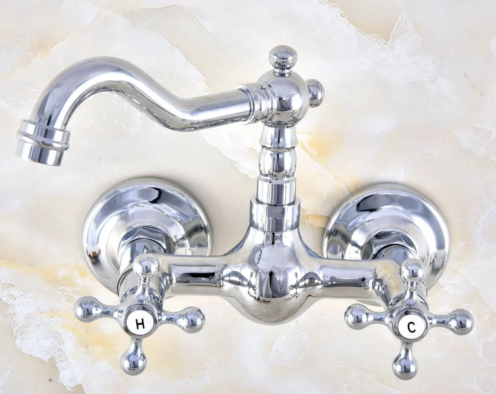 Modern Polished Chrome Brass Wall Mounted Bathroom Basin Kitchen Sink Faucet Swivel Spout Mixer Tap Dual Cross Handles anf583