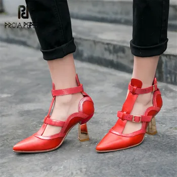 

Prova Perfetto T-strap Sexy Women Pumps Pointed Toe Hollow Out 8CM High Heels Wedding Dress Shoes Woman Stiletto Valentine Shoes