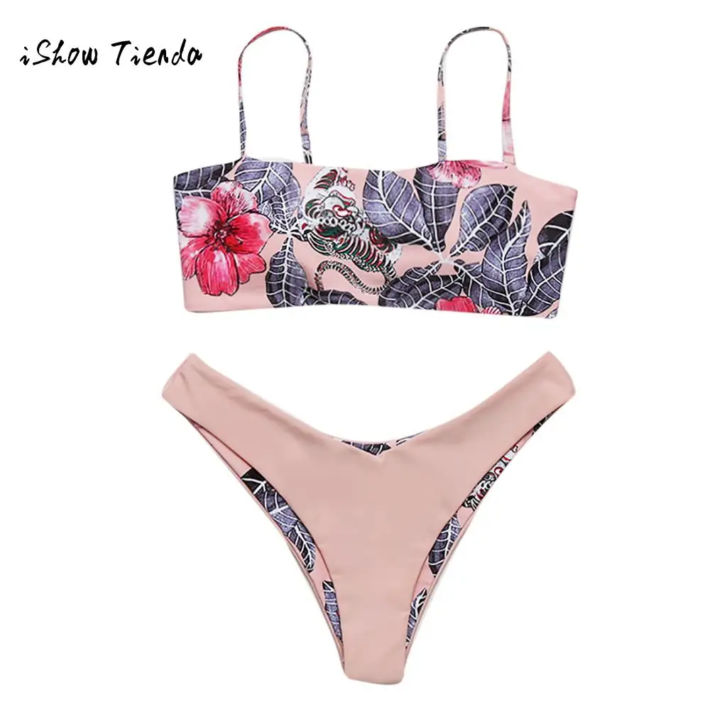 

2019 NEW Sexy Swimwear Women's Split Swimsuits Flowers Leaf Prints Thin Straps Push-Up Pad Bikini Set Bathing Beachwear Biquini