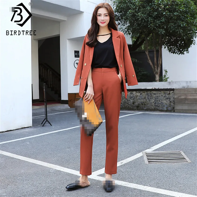 Double Breasted Solid Blazer Jacket & Zipper Pant Office Lady Suit