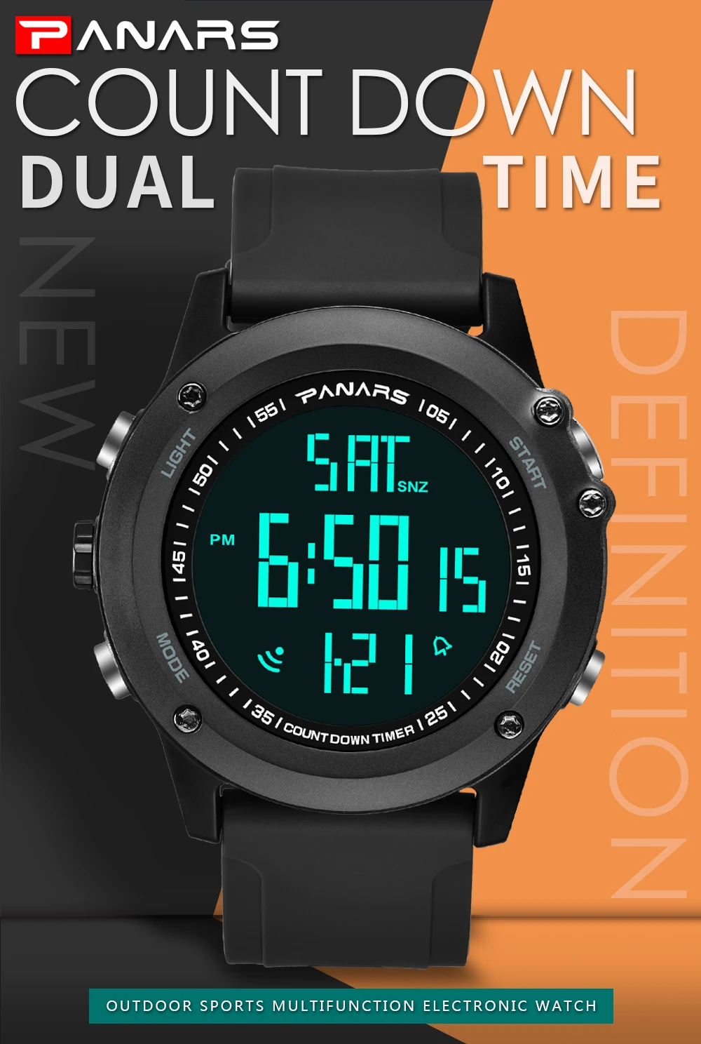 PANARS, мужские цифровые часы для фитнеса, светодиодный, спортивные наручные часы, мужские водонепроницаемые часы с двойным будильником, 12/24 часов, часы 8015