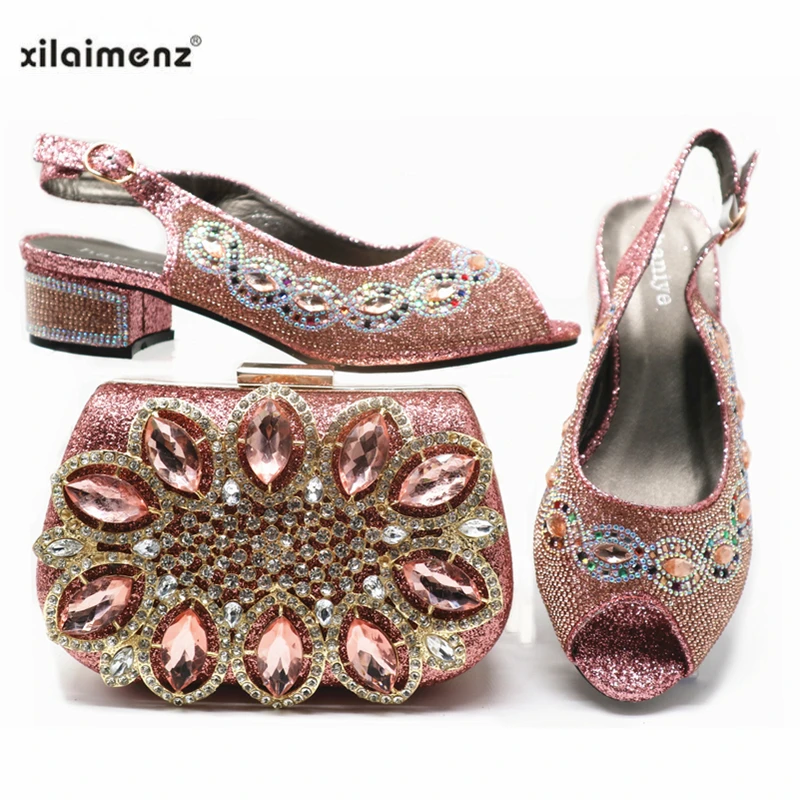 2019 г. хит продаж фиолетовый цвет женские туфли со стразами и сумка в комплекте