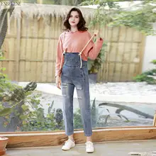 Зимние джинсы на подтяжках женский рваные джинсовые брюки для Для женщин светло-голубой Повседневное общая рваные комбинезон в ковбойском стиле штаны GJ324