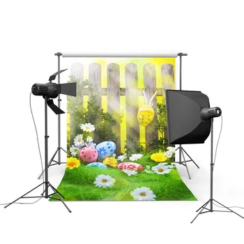 

3X5ft Easter Day Photo Background Eggs Fence Grass Flowers Easter Colorful Eggs Sunshine Kid's Photography Background Backdrops