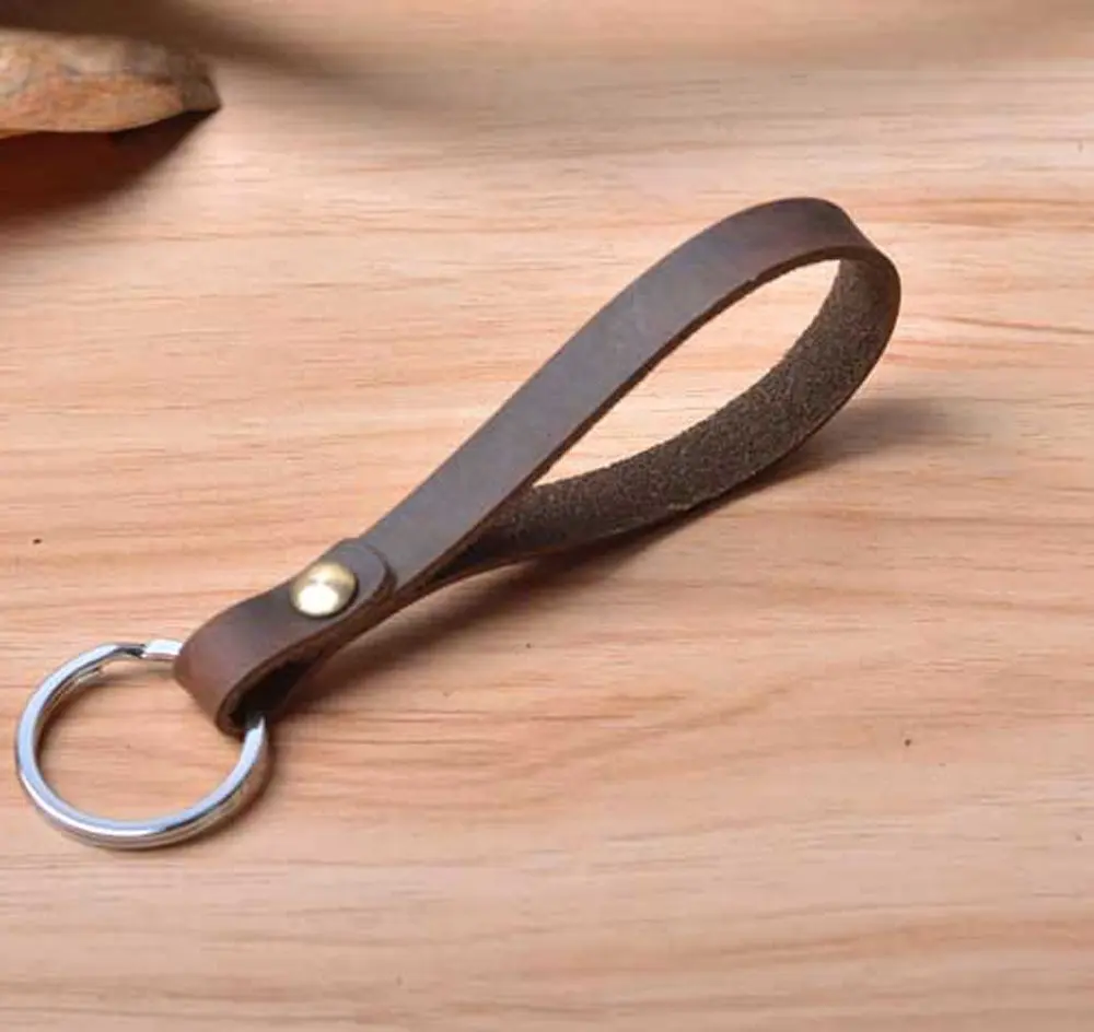handmade Loop and Key Ring Combination genuine Leather fob Keychains Leather Strap Keyring