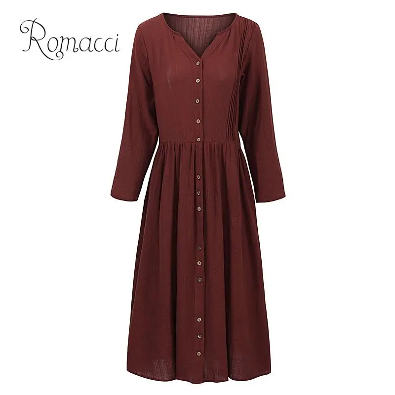 Женское винтажное Свободное длинное платье Romacci хлопковое с v-образным вырезом и