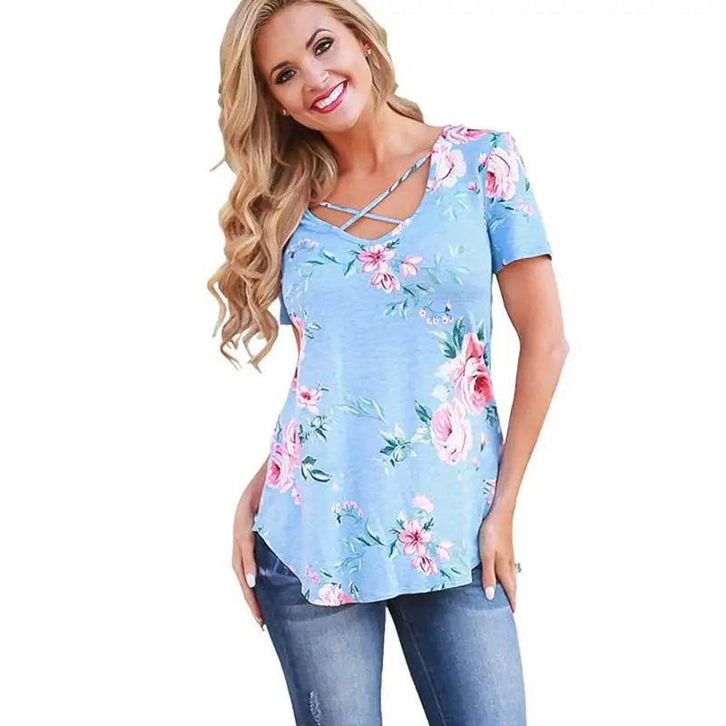 

2019 Fashion Floral Print T-shirts Women Female Summer Top Casual Big Size Cross V Neck Tee Shirt Femme Tshirt