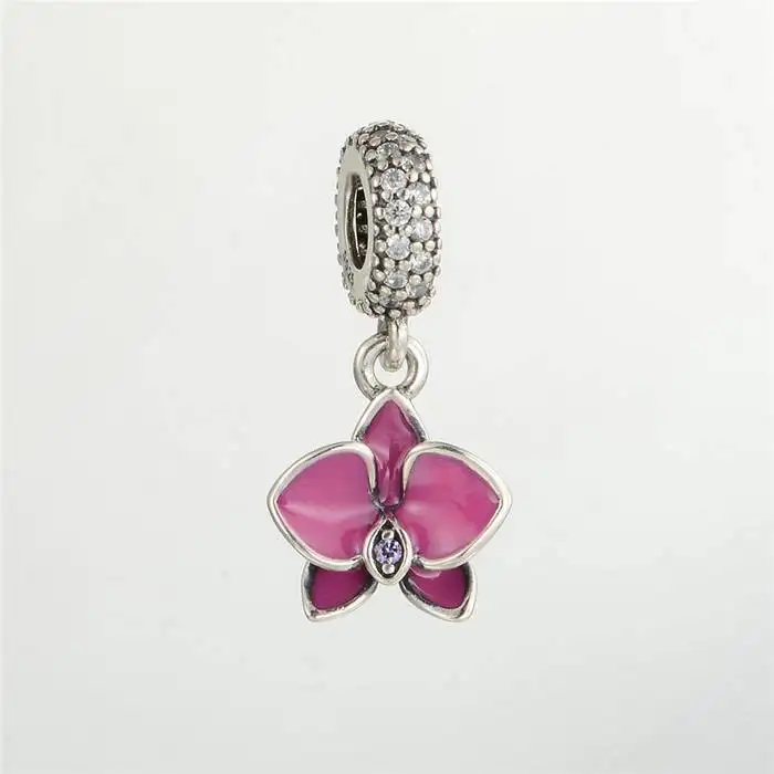 

Summer Enamel Orchid Charms 925 Sterling Silver Purple Clear CZ Flower Dangle Orchid Charm Fits Pandora Bracelets Jewelry