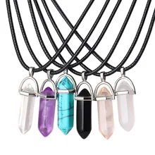 Natural Stone Hexagonal Column Choker Necklace For Women Leather Chain Crystal Pendant Necklace Female Jewelry Gift yumten grey agate necklace female natural stone power crystal coin rainbow choker charm chain reiki women vintage jewelry men