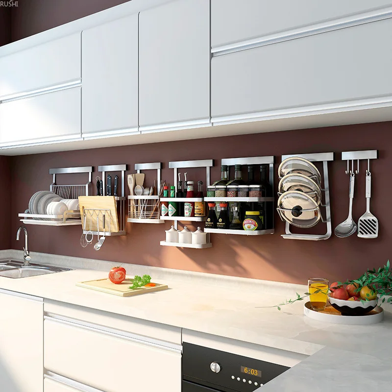  Punch-free Kitchen Shelf Wall Mounted Collection Shelf Storage Rack Stainless Steel Kitchen Rack Bo - 33034256537