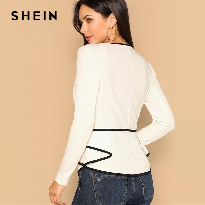 wonderful  SHEIN Beige Contrast Trim Fitted Peplum V neck Long Sleeve Long Coat 2019 Autumn Casual Modern Lady
