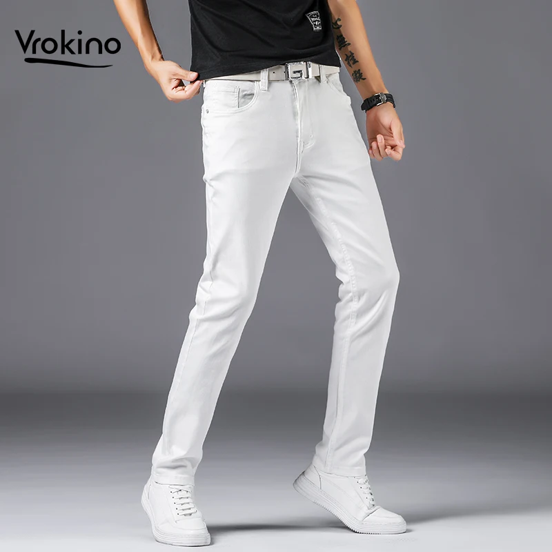 

VROKINO Men's Slim White Jeans New In 2019 Fashion Stretch Men's Slim Feet Jeans Brand Clothing