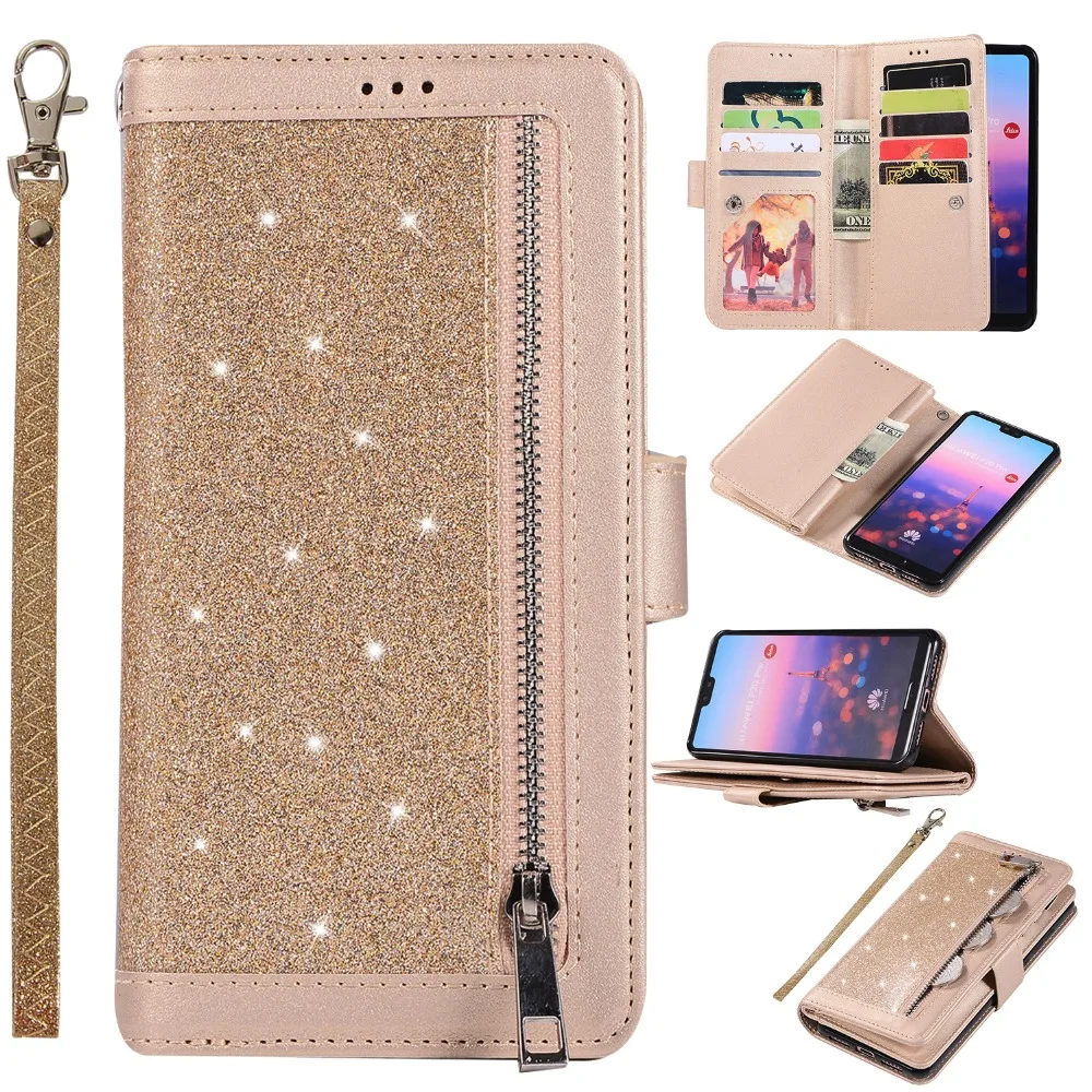 

Daxing Glitter Zipper Wallet Case For huawei P20 lite P20 Pro Card Slot Leather Cover For huawei P20 Phone bag cases