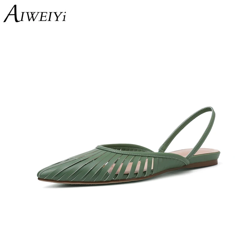 

AIWEIYi Women Cow Leather Sandals Green White Pointed toe Summer Sandals Cutouts Slip On Genuine Leather Gladiator Sandals