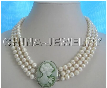 

17-19" 3row natural WHITE 8mm freshwater pearl necklace-cameo clasp Factory Wholesale price Women Gift word Jewelry