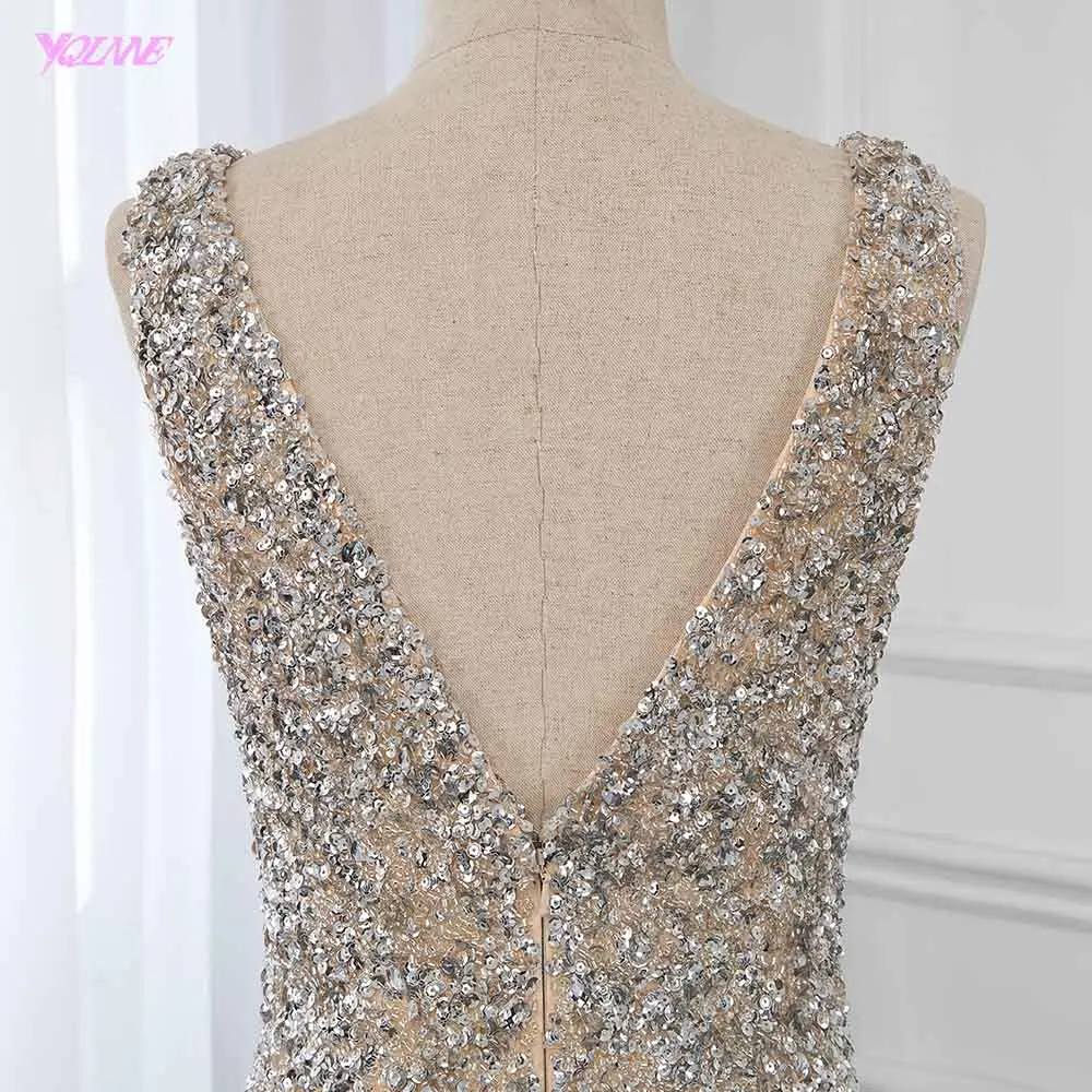 Luxury Deep V-neck Gold Crystals Evening Dress Long Beaded Mermaid Dress Formal Gown YQLNNE Luxury Deep V-neck Gold Crystals Evening Dress Long Beaded Mermaid Dress Formal Gown YQLNNE