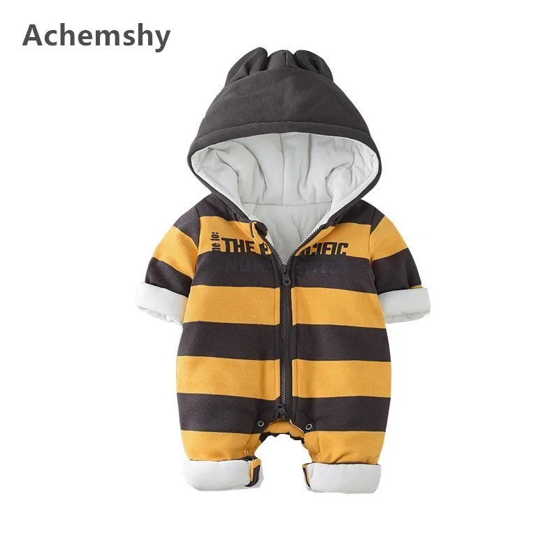 Winter Infant Warm Striped Hooded Romper Baby Boys Girls Plus Velvet Thickening Cotton-padded Clothes Outwear Jumpsuit