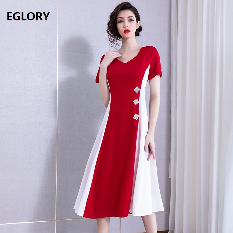

Elegant Dress 2019 Summer Fashion Work Dress Women V-Neck Crystal Beading Color Block Short Sleeve Red Black Mid-Calf Dress OL
