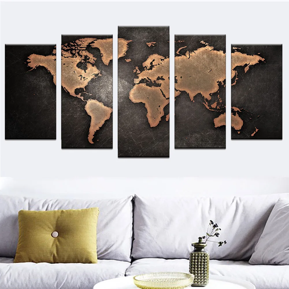 

5 Pcs/Set Brown World Map Printed Canvas Paintings Modern Abstract Wall Decorative Picture for Home Room Unframed