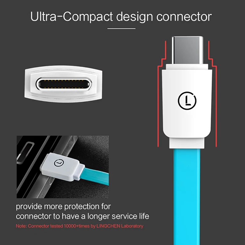 LINGCHEN USB-C USB tipo C para Galaxy S9 S8 Nota 8 plana USB-C tipo-C Cable de cargador para Xiaomi 6 Mi5 Huawei P10 P9 Oneplus 3