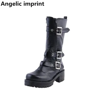 

Angelic imprint new mori girl Women motorcycle punk boots lady mid heels lolita shoes woman princess dress party pumps buckles