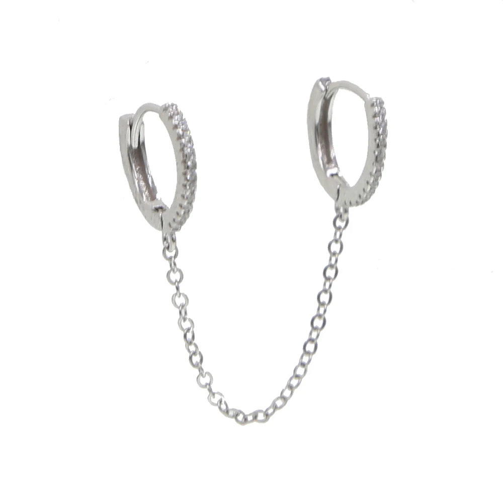 Серьги-кольца Huggie из стерлингового серебра 925 пробы, двойные, маленькие, с кисточкой, на цепочке, для 2 пирсинга, Модные женские ювелирные изделия