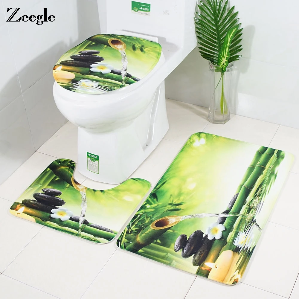 Zeegle Bamboo Printed Mat For Bathroom Toilet Rug Anti-slip Shower Room Mats Bathroom Carpet Set Washable Bath Rugs Foot Mat