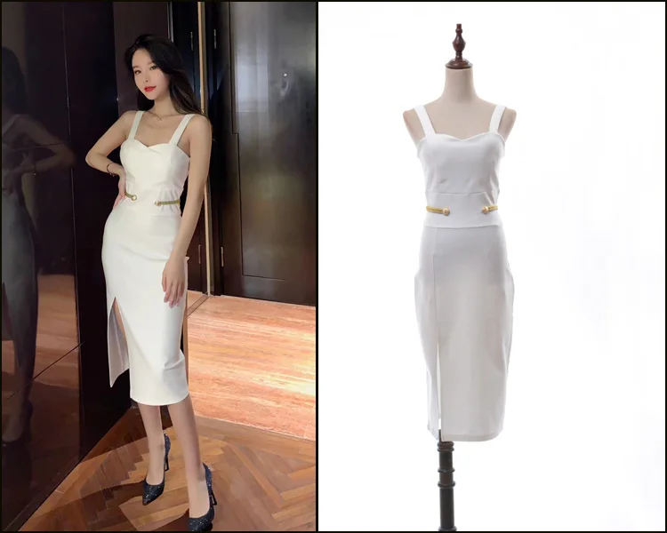 

New 2019 European and American popular logo spring sexy socialite fashion condole vented in long thin dress woman