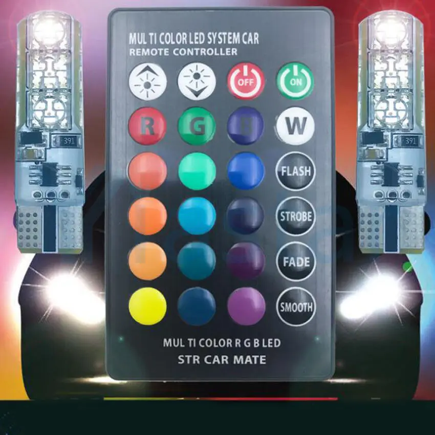 100 комплекты цветная(RGB) T10 W5W светодиодный 194 168 W5W 5050 SMD Купол автомобилей лампа для чтения автомобилей Клин лампа RGB светодиодный лампы с пультом дистанционного управления