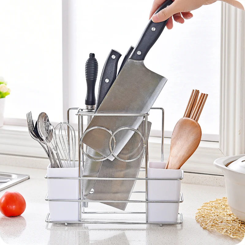 Stainless steel knife rack high quality 2 white chopstick cages fork shelves spoon holder reinforced kitchen supplies organizer