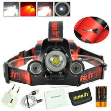 Boruit 8000LM XM-L2+2X XPE Red LED Headlamp USB 4Modes Headlight+2×18650 PCB Battery + Charger