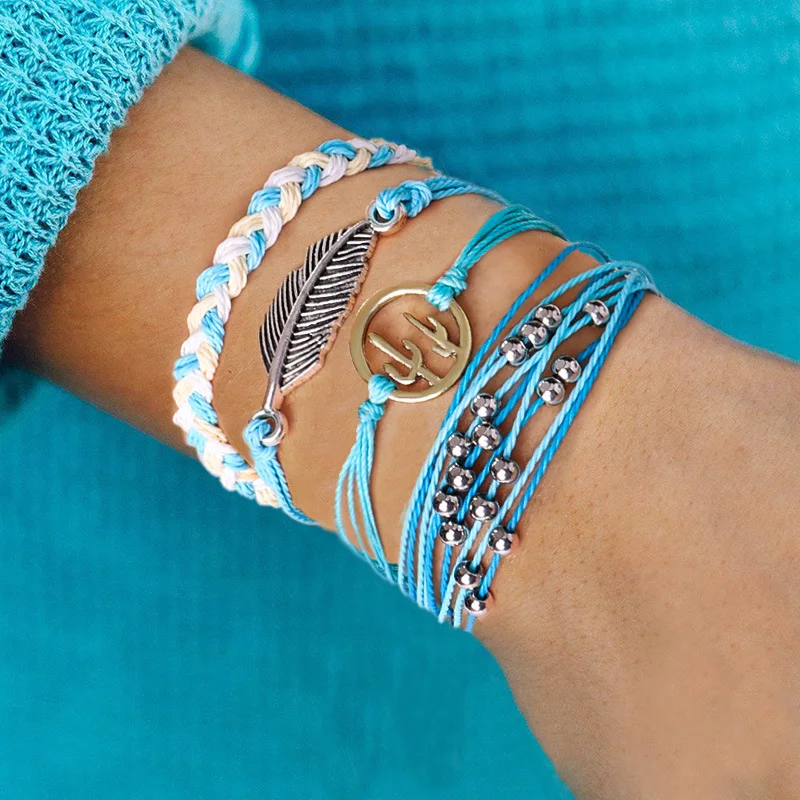 

Cactus Leaf Beads Summer Bracelets set For Women Waterproof wax line Woven hand Jewelry Girl Gift DropShipping