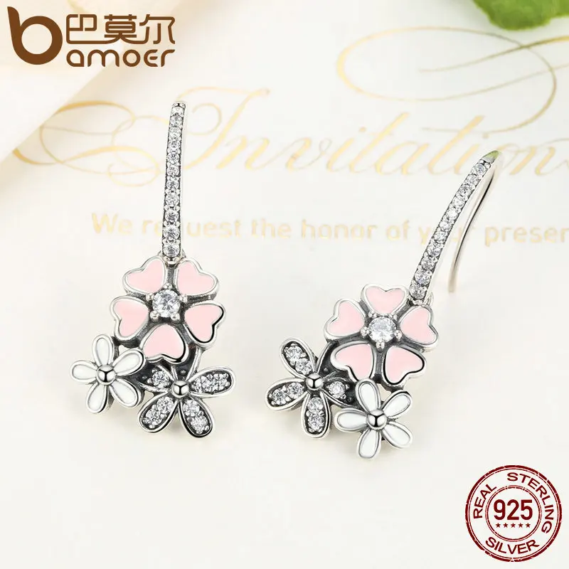 Ceny BAMOER 100% 925 srebro różowy kwiat poetycki Daisy Cherry Blossom biżuteria dla nowożeńców zestawy ślubne biżuteria zaręczynowa ZHS028