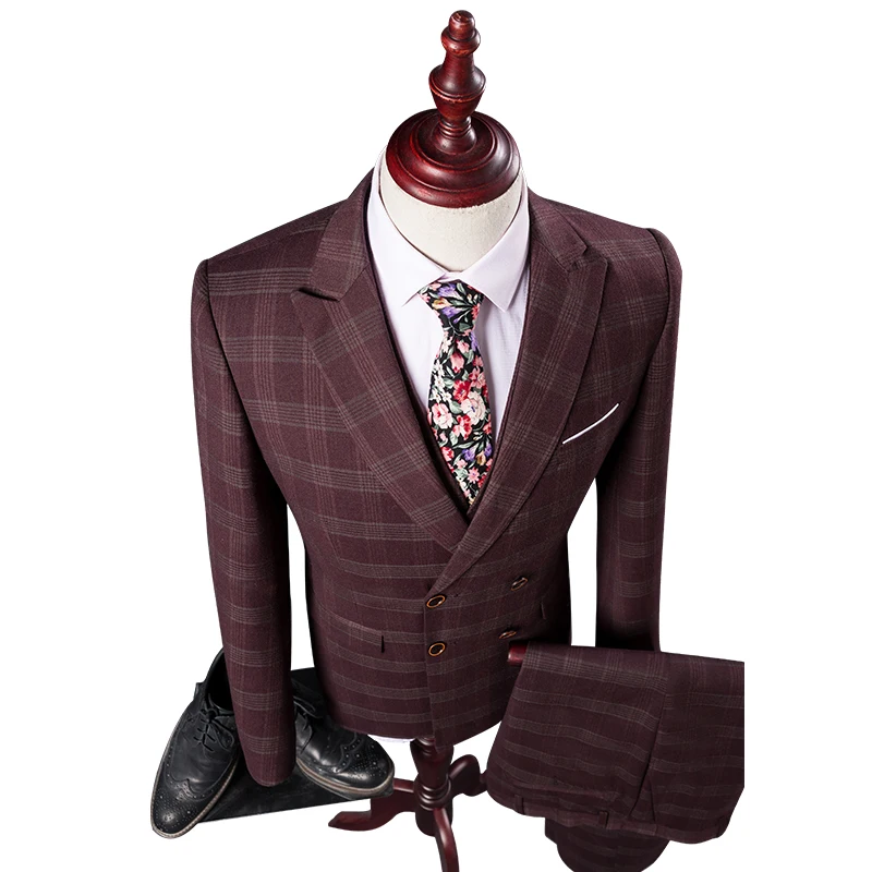 Double Breasted Red Plaid Style Suits Blazers Men Slim Fit Fashion