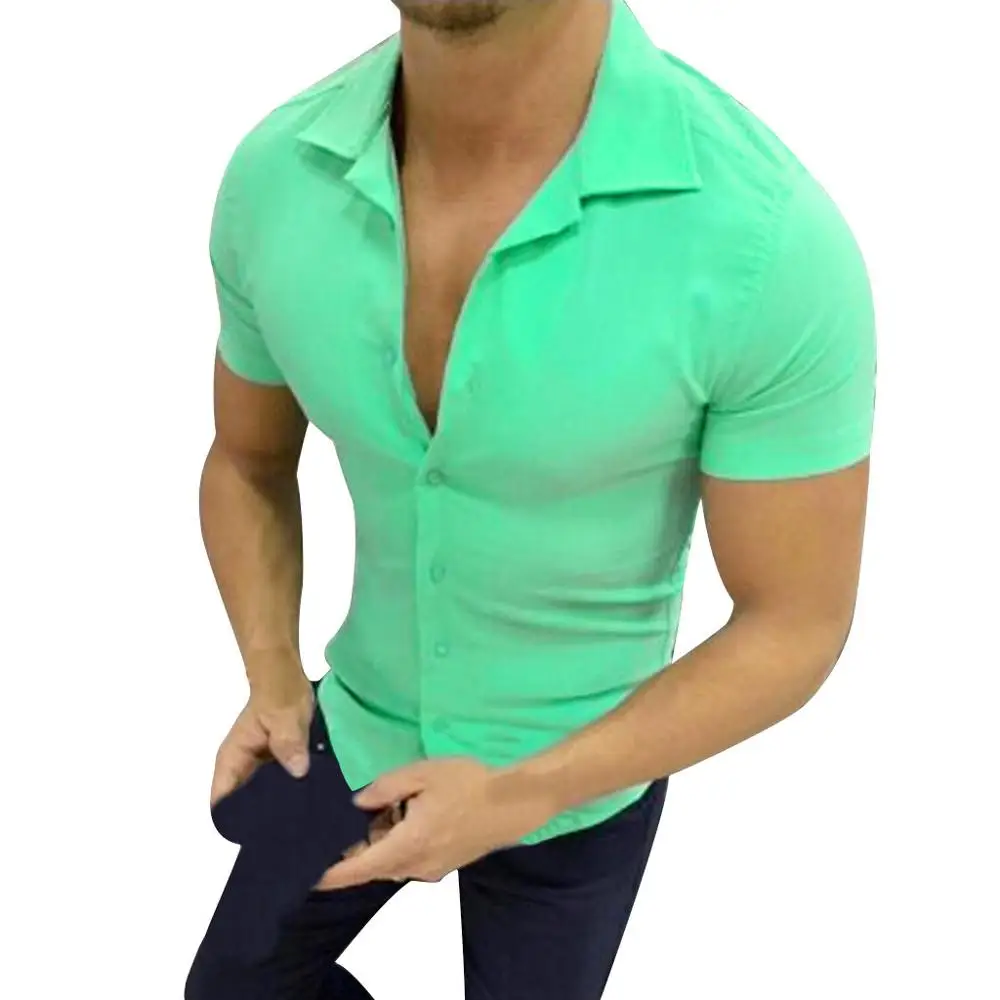 Летняя мужская Повседневная рубашка, Chemise Homme, чистый цвет, на пуговицах, с коротким рукавом, с отложным воротником, Рубашки, Топы, блузки, повседневная одежда - Цвет: Green