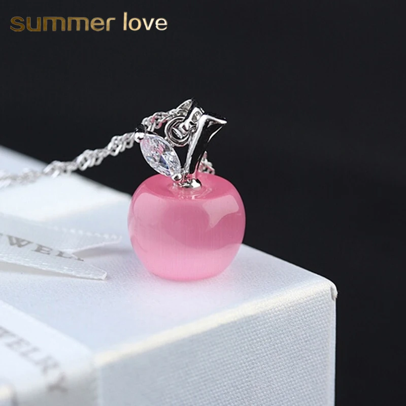 Módní šperky krásný růžový bílý opál Apple náhrdelníky pro ženy dívky stříbrná barva řetízek přívěsky náhrdelník krk Collier dárek