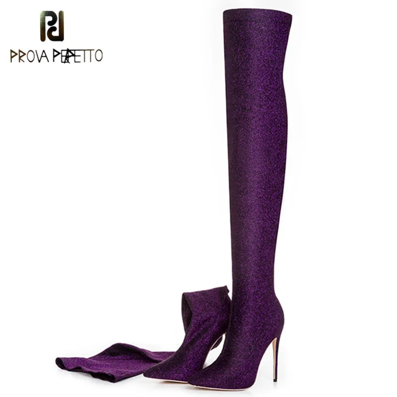 

Prova Perfetto Sexy Bling Bling Knitted Over the knee Boots Sequin cloth Pointed Toe Stiletto Thigh High Boots Woman Sock Boots