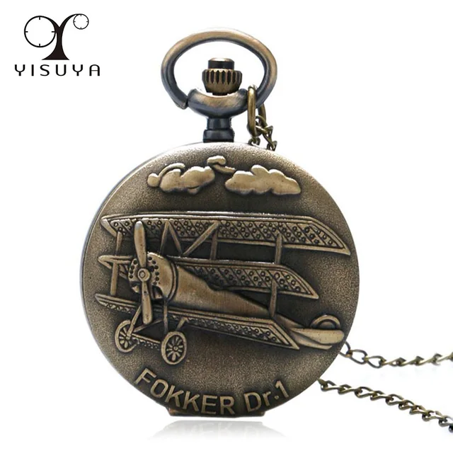 Men Pocket Watch Vintage Fokker Dr.1 Plane 3D Pattern Small Quartz with Necklace Men Pocket Watch Vintage Fokker Dr.1 Plane 3D Pattern Small Quartz with Necklace