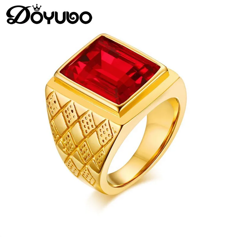 

DOYUBO Hot Sale Men Gold Color Stainless Steel Rings With Big Red & Black Square Cubic Zirconia Male Fashion Rings Jewelry DA099