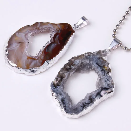Natural Gnergy Gemstone~ Trendy Silver Plated Irregular Shape Natural Gray Agates Slice Geode Pendant Fashion Jewelry 2 AA00206000701a