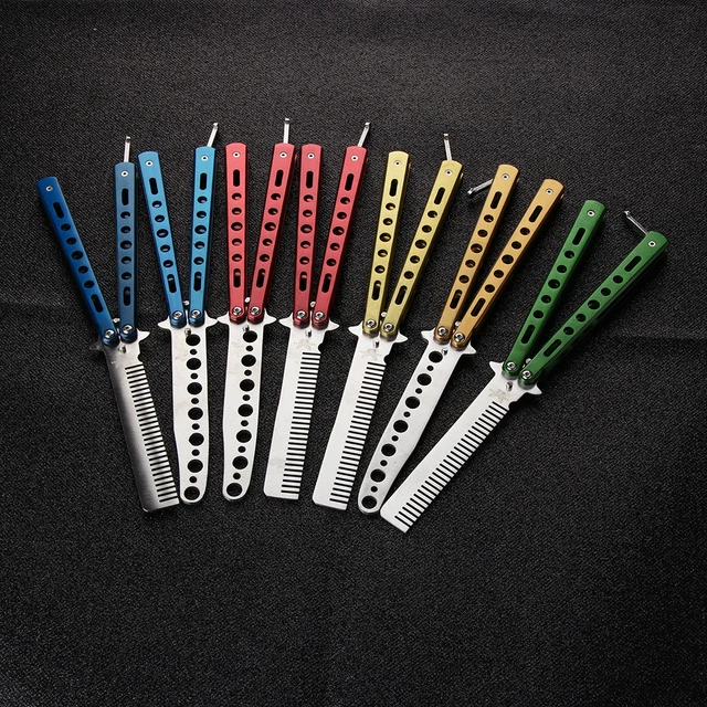 1 PCS New Stainless Steel Folding Butterfly Knife Hair Comb Colorful