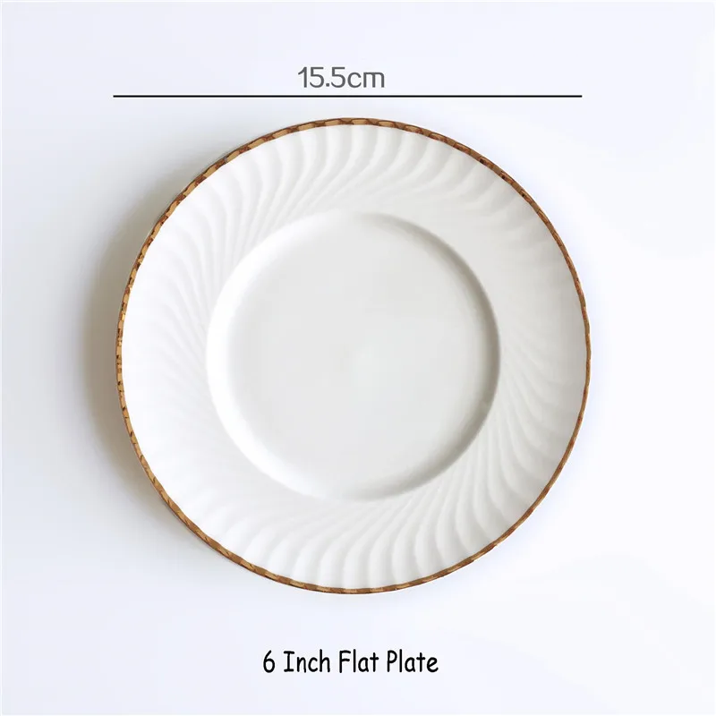 Костяного фарфора золотой край столовая посуда набор Белый вращающиеся рельефы изображают столовый прибор под позолоту ужин Суповая тарелка чаша и блюдце 1 шт - Цвет: 6 Flat Plate