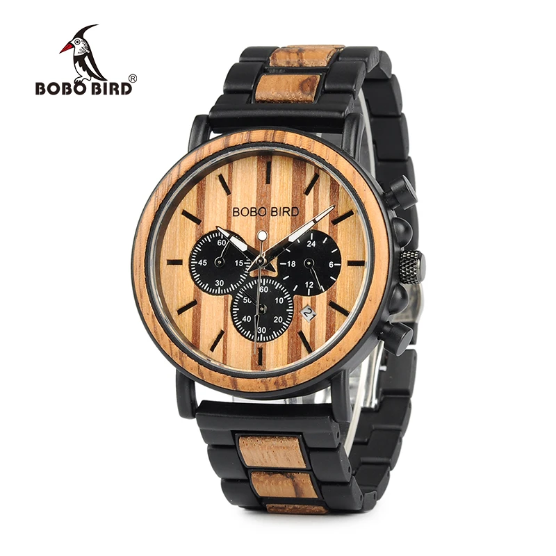 BOBO BIRD Wood Watches Men Stopwatch relojes hombre Show Date Wooden Wristwatch Male Timepieces In Gift Box