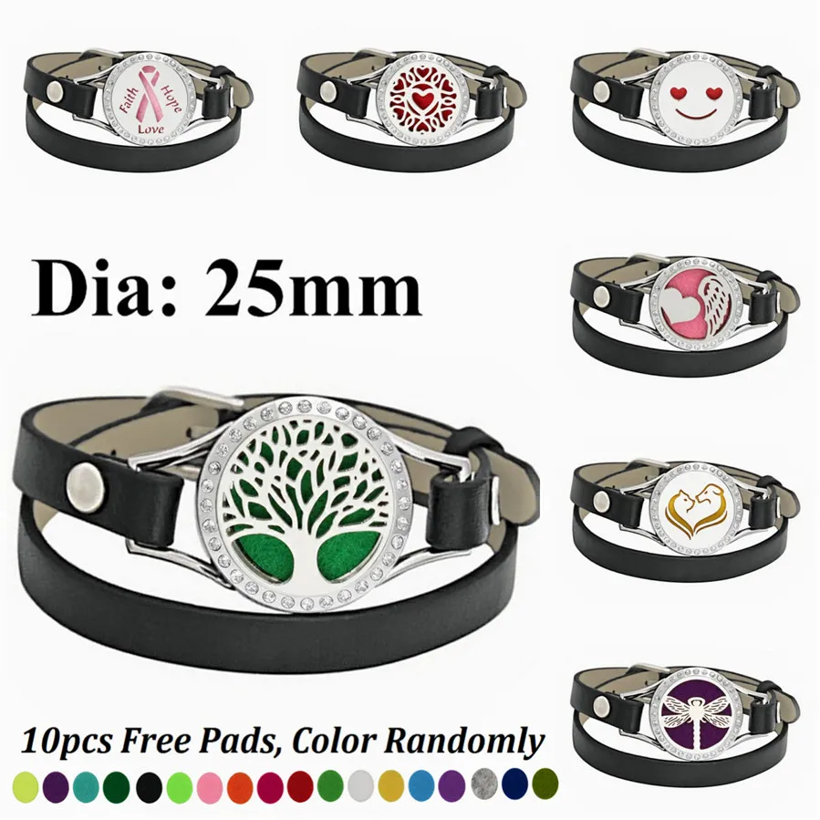 

25mm Tree of life Bracelets PU Leather Crystal Essential Oil Diffuser Aromatherapy Locket Bracelets free 10pads