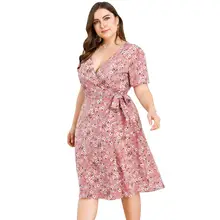 Платье размера плюс, розовый цветочный принт, пояс, глубокий v-образный вырез, шнуровка, цветочный рисунок, высокая талия, 3XL 4XL, повседневное винтажное пляжное платье для девушек
